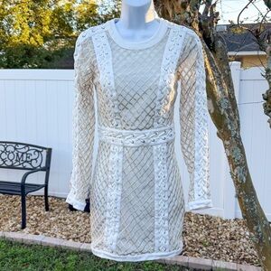 Bebe Ivory & Gold Lace-Up Mesh Bodycon Dress | Size 2